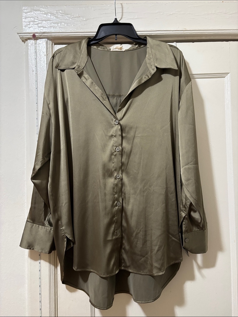 Open Edit Oversized Satin Button-Down Blouse in Olive - Women